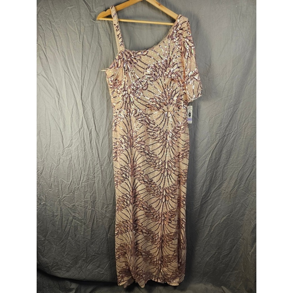 R&M Richards Women Pink Champagne Sequin One Shoulder Formal Gown Dress 18 NEW